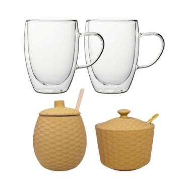 Imagem de Conjunto Rústico e Moderno: Açucareiro e Meleira Rattan + Canecas Vidro Duplo 350ml
