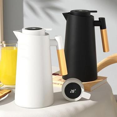 Imagem de Garrafa Térmica 1 Litro, Com Termômetro LED, Design Moderno, Cabo de Madeira, Preta, Para Chá e Café