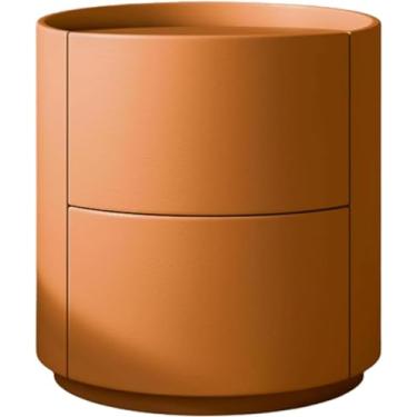 Imagem de Mesa De Cabeceira Elegante Mesa De Cabeceira Criativa De Madeira Redonda 2 Gavetas Mesa De Cabeceira Leve De Luxo Imitação De Couro Envolto Em Armário De Cabeceira, Orange