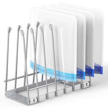 Imagem de Organizador de rack de secagem, suporte de metal dobrável para sacos de armazenamento Ziplock e silicone reutilizáveis, secador de cozinha à prova de ferrugem, prata