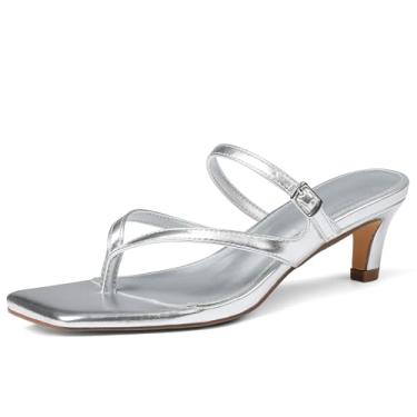 Imagem de Attiposh Sandálias femininas de salto gatinho quadradas, bico aberto, com tiras, chinelos, salto baixo, moderno, confortável, vestido de festa, Prata, 36