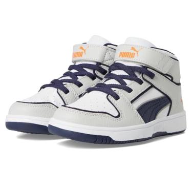 Imagem de PUMA Tênis infantil unissex Rebound Layup Mid Hook and Loop (criança pequena), Cinza glacial/azul marinho/laranja Rickie, 16