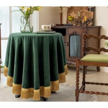 Imagem de F-CHU Toalha de mesa verde grossa de veludo com lindas borlas douradas, toalha de mesa vintage para decoração de casa, casamento, festa, banquete e eventos, redonda de 178 cm