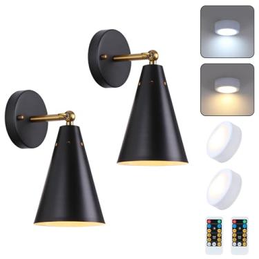 Imagem de MWZ Conjunto de duas arandelas de parede pretas operadas por bateria, iluminação LED interna sem fio com controle remoto, lâmpada moderna regulável de 2 temperaturas de cor com ângulo ajustável com