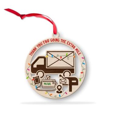 Imagem de Enfeites de madeira para entrega de caminhão de correio para árvore de Natal, enfeite de Natal para decoração de árvore de Natal, ornamento de funcionários dos correios, presentes de lembrança de