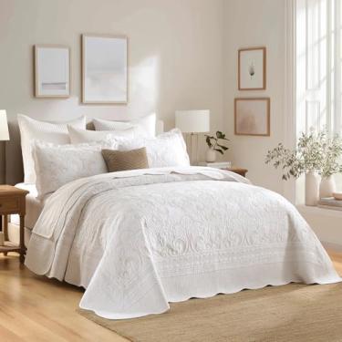 Imagem de Finlonte Colcha 100% algodão extragrande, conjunto de colcha, 325 x 304,8 cm, extra grande, California King, com fronhas, colcha de cama acolchoada floral vintage leve em relevo, branco/bege