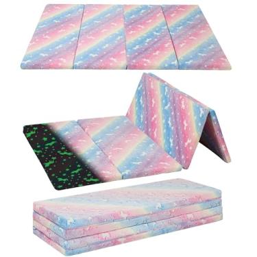 Imagem de MeMoreCool Colchão futon infantil grande 1,8 x 1,2 m, colchão de tatame de espuma espessa para área de jogos infantil, tapete de tatame dobrável para sala de jogos, unicórnio arco-íris