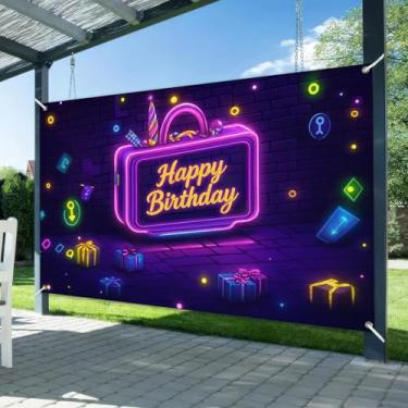 Imagem de BlissYard Banner neon feliz aniversário 178 x 109 cm cenário de festa brilhante retrô caixa de TV presentes jogos Cyberpunk decoração de festa de aniversário fundo luminoso para meninas ou meninos