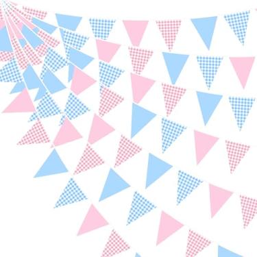 Imagem de Decoração de festa guingão rosa azul 32 m tecido guingão azul rosa bandeira bandeira xadrez flâmula guirlanda para revelar gênero aniversário menino ou menina chá de bebê ele ou ela suprimentos de