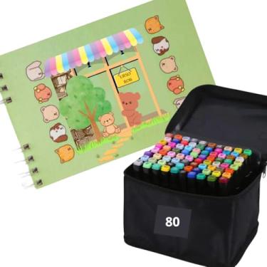 Imagem de Livro de colorir + 80 canetas coloridas - Livro capa dura 55 folhas de 180g - folhas grossas e capa dura- Canetinhas coloridas com estojo (imagens Ilustrativas)