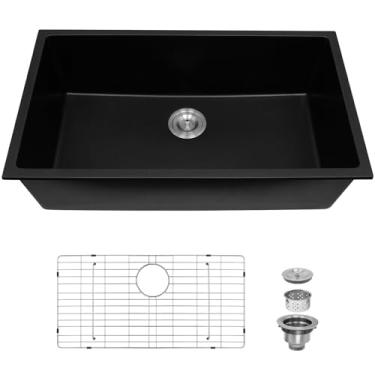 Imagem de Davivy Pia de cozinha composta de granito preto de 83 x 48, pia de cozinha preta de 83 cm, montagem inferior e instalação suspensa, tigela única com grade inferior e conjunto de dreno