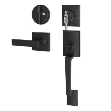 Imagem de REDYA Conjunto de fechadura de porta frontal com fechadura e maçaneta para porta de entrada e exterior, conjunto de maçaneta de porta frontal preta e fechadura reversível para destros e canhotos