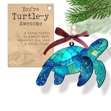 Imagem de Ornamento de Natal de tartaruga marinha - presentes positivos de tartaruga para mulheres com cartão de história - enfeites de Natal com tema de praia presentes para mulheres - Ornamento de acrílico