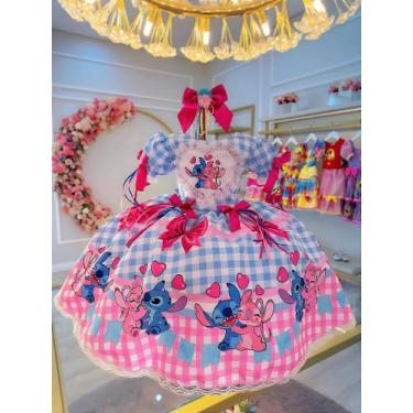 Imagem de Vestido Infantil Lilo Stitch e Angel Xadrez Azul para Festas - Fabulos