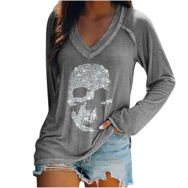 Imagem de Camiseta feminina casual com decote em V com estampa esqueleto de mang