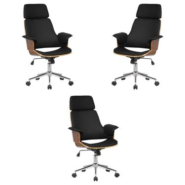 Imagem de Kit 3 Cadeira de Escritório Home Office Decorativas Casemiro PU c/Regulagem de Altura Base Giratória Preto G56 - Gran Belo