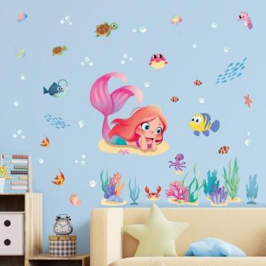 Imagem de Decalques de parede SHUCHING Mermaid Adesivo de vinil para peixes oceâ