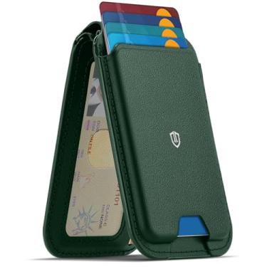 Imagem de SHIELDON Suporte de couro genuíno para carteira MagSafe, suporte magnético forte, ajuste de ângulo, bloqueio RFID, carteira de telefone compatível com iPhone 16 Pro/Max/15/14/13/12, Evergreen, Folio