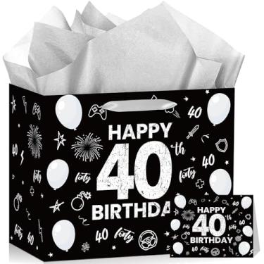 Imagem de Bolsa de presente de feliz aniversário de 10 anos para meninos e meninas, bolsa de presente com 10 dígitos, com papel de embrulho, preto, prata, decorações de aniversário de 10 anos, decoração de