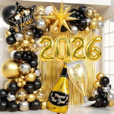 Imagem de Conjunto de decoração de festa de ano novo 2023, kit de guirlanda de balão preto e dourado com estrelas, garrafa de champanhe, cortina de folha dourada