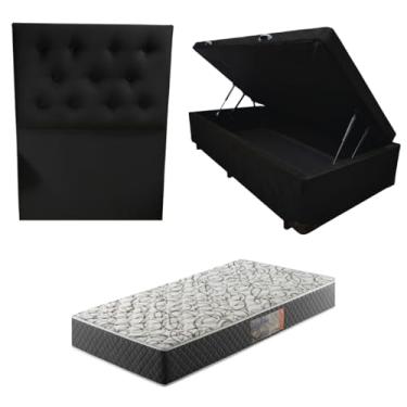 Imagem de Cama Box Baú Blindada com Colchão de Espuma D33 20cm + Cabeceira Botonê (SUEDE PRETO, Solteiro)