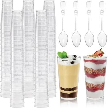 Imagem de Copo grande Loreso com colheres, mini copos redondos de sobremesa de plástico transparente reutilizável reutilizável para degustação de festas, pequenos copos redondos para aperitivos (48 unidades, 85 g + Colheres)