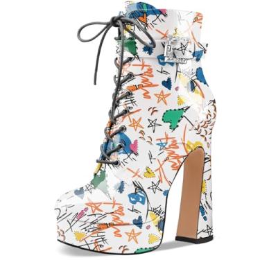 Imagem de Perisis Bota feminina preta de cano curto plataforma com cadarço salto alto grosso fechado bico redondo com zíper lateral e fivela de alça para mulheres sexy e fofas, Graffiti White Patent, 39