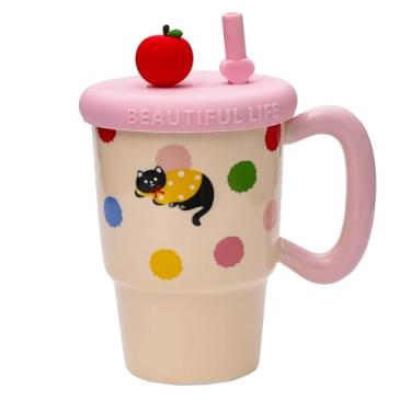 Imagem de Dalekana Caneca de cerâmica para café, chá e água, copo de porcelana criativo com alça e tampa para casa e escritório, 400 ml caneca de gato, 12,4 cm A, preta