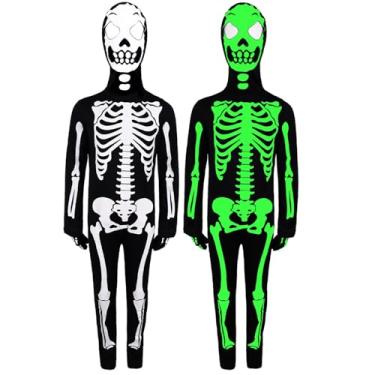Imagem de OTUIZEM Fantasia de esqueleto, fantasia assustadora de Halloween para meninos, macacão de esqueleto com capuz com máscara para meninos e meninas