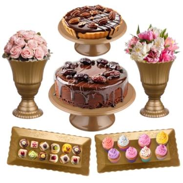 Imagem de Kit Festa Peças - Conjunto de Vaso, Boleira e Bandeja para Decoração de Festa e Mesa de Doces para Aniversário, Casamento e Chá de Bebê(DOURADO)