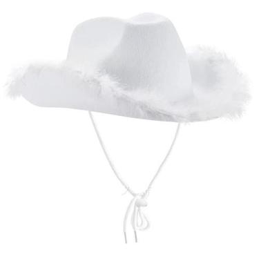 Imagem de Chapéu de cowboy branco de feltro macio com acabamento em penas para a