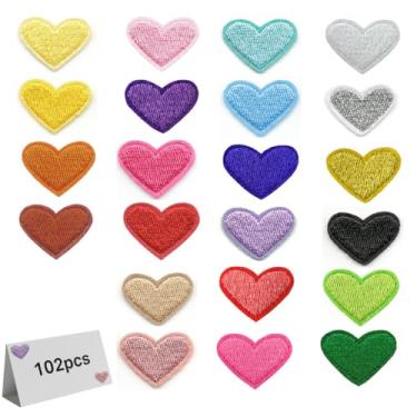 Imagem de 102 peças de adesivos de coração a ferro, 22 cores, mini adesivos bordados de coração, costurados em apliques decorativos, enfeites para artesanato DIY, roupas, mochila, chapéu e jaqueta