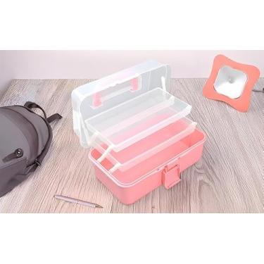 Imagem de Caixa organizadora de cabelo rosa, armazenamento de plástico de 3 camadas com trava e alça, inclui adesivos personalizados para personalização