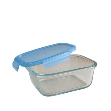 Imagem de Pote Hermético de Vidro, Retangular, 370ml, Tampa de Silicone Preta com Detalhe Azul, para Alimentos, 15x11x5cm