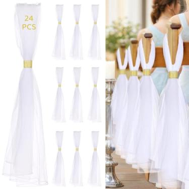 Imagem de Pacote com 24 faixas de cadeira de casamento com laços de tule, decorações de cadeira elegantes com fivelas douradas de strass para cerimônia e recepção