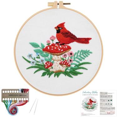 Imagem de Louise Maelys Kits de bordado de cogumelo cardeal para iniciantes, kit de ponto cruz para adultos, bordado DIY com padrão de flores