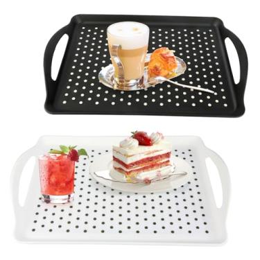 Imagem de Bandeja antiderrapante para servir alimentos com alças, pacote com 2 bandejas grandes retangulares de plástico antiderrapante, para lava-louças, bandejas de alimentos para café da manhã, jantar