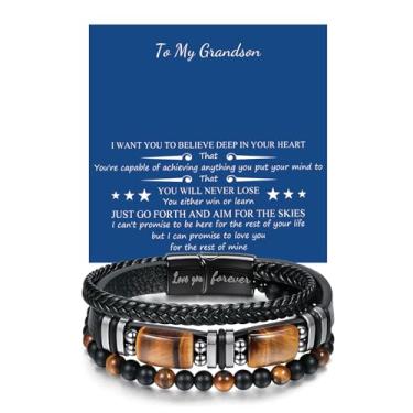 Imagem de PHNIBIRD Pulseira masculina de couro com contas de olho de tigre Love You Forever Gravar Ideias de Presente de Aniversário para Namorado Filho Neto Marido Homem, A, Couro, Sem Pedra Preciosa