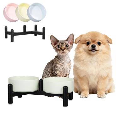 Imagem de Conjunto de tigelas de cerâmica elevada para cães – pratos duplos fofos com suporte de aço inoxidável – tigelas elevadas para gatos e cães pequenos – Conjunto de comida e água – 12,7 cm/1,4 xícaras