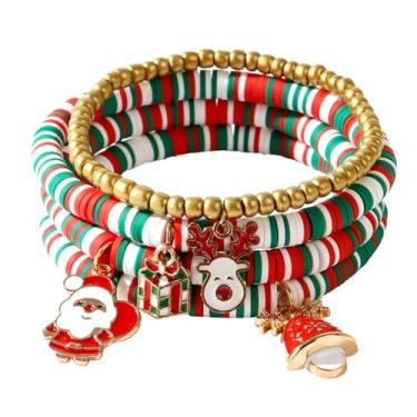 Imagem de EQUBIO Pacote com 4 pulseiras de Natal Heishi com contas elásticas para mulheres, argila de polímero de 6 mm com contas de 6/0, detalhes dourados e pingentes de Natal esmaltados (Santa, rena, presente