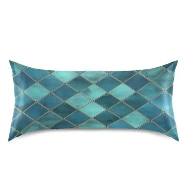 Imagem de Blueangle Fronha de cetim xadrez geométrica azul-petróleo para cabelo e pele, fronha de seda, tamanho king (50,8 x 101,6 cm) - Capas de almofada de cetim refrescantes com fecho de envelope (177)