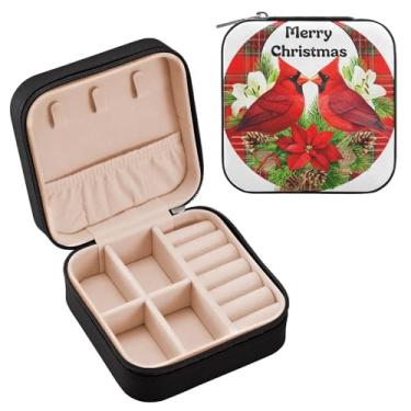Imagem de Wassud Caixa de joias de viagem de pássaros vermelhos de Natal para mulheres, meninas, senhoras, noiva, mini organizador de joias de couro PU, caixa quadrada de armazenamento de joias para brincos