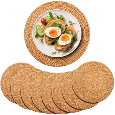 Imagem de Gandeer Jogo americano redondo de vime de vime boho resistente ao calor de 33 cm para pratos de jantar marrom mel tapetes de mesa tecidos à mão para decoração rústica de casamento em casa (pacote com