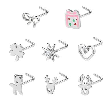 Imagem de AccGin Brincos de nariz 20G, elementos natalinos em forma de L, joia de piercing de nariz de aço inoxidável 316L, joia de piercing de narina Daith Tragus para mulheres e homens, 20G, Aço inoxidável