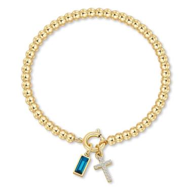 Imagem de Korotho Pulseira de pedra de nascimento cruzada para mulheres – Pulseiras elásticas delicadas banhadas a ouro 14 K, modernas, à prova d'água, não mancham, joias de aniversário, Natal, meias para mães