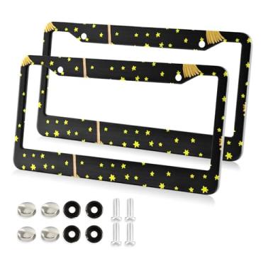 Imagem de Burbuja Moldura de placa de carro de vassouras de bruxa, pacote com 2, suporte para placa de licença decoração de moldura de etiqueta de alumínio com tampas de parafuso para carros universais dos EUA
