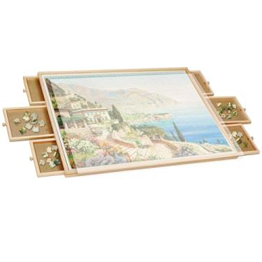 Imagem de vvituaC 1500 peças de tabuleiro de quebra-cabeça inclinável e giratório para adultos, mesa de quebra-cabeça de madeira com 6 gavetas e capa, placa portátil com Susan preguiçosa giratória de 360 graus