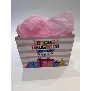 Imagem de Ssyuysto Bolsa grande de presente de aniversário, rosa, para presente de feliz aniversário, com etiquetas de papel kraft, saco de presente de festa com alças de corda para mulheres, homens