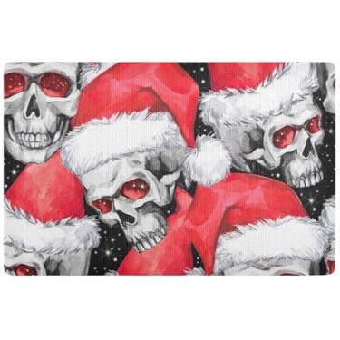 Imagem de TSENQUE Tapete de porta interno personalizado engraçado caveira chapéu de Natal tapete de boas-vindas para porta da frente tapetes de entrada laváveis para dentro de casa 81 x 50 cm