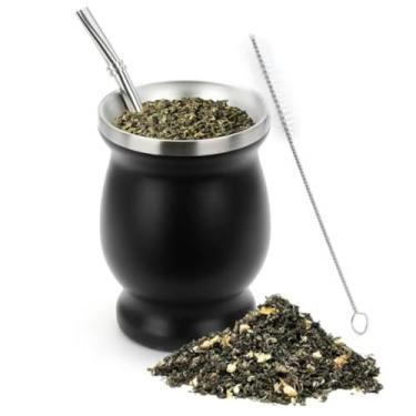 Imagem de FAMKX Copo de Erva Mate de 227 g com canudo Bombillas e escova de limpeza, caneca de cabaça de viagem de parede dupla de aço inoxidável, (preto)